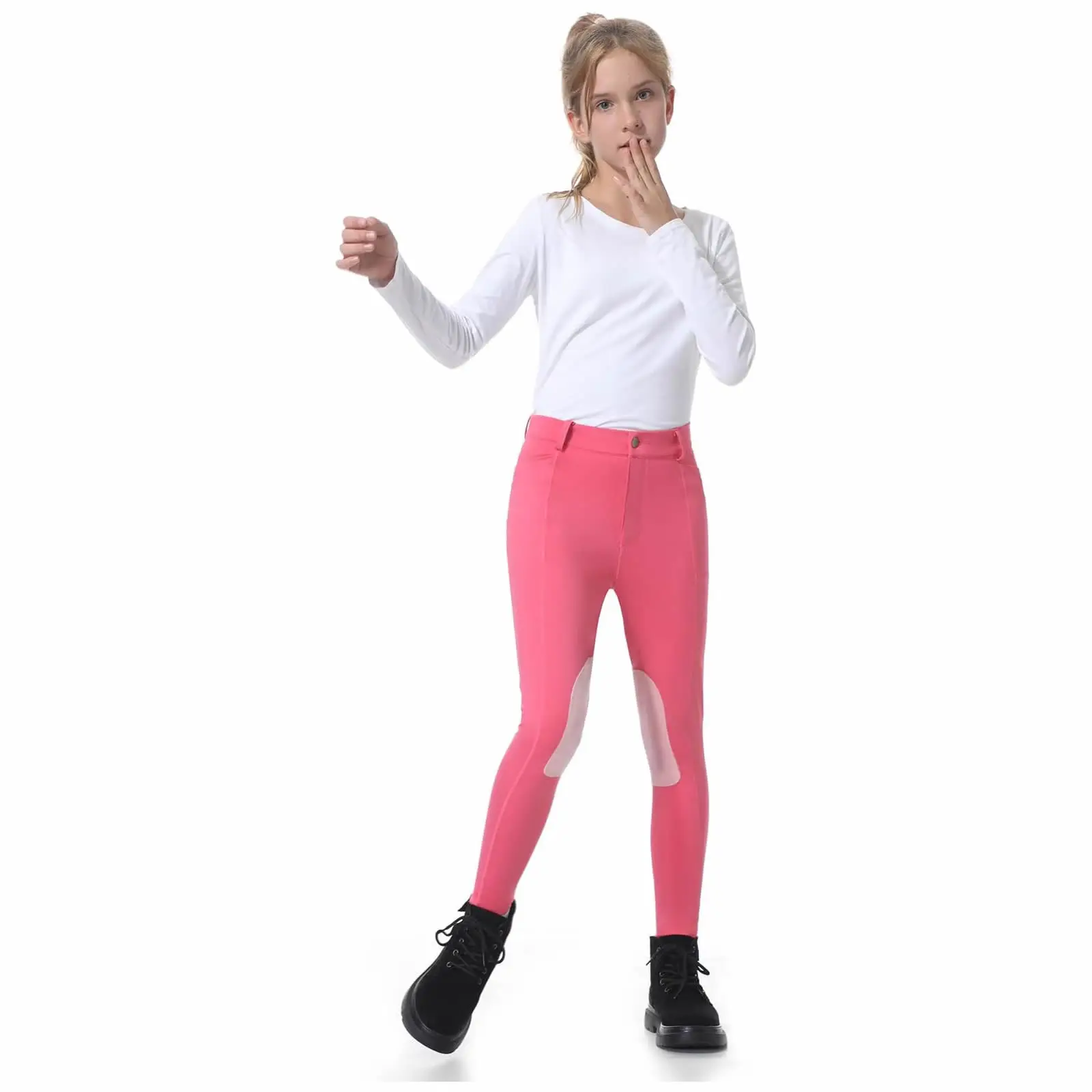 Winter Girls Equestrian Clothing Horse Riding Pants With Front-Zip Knee-Patches Nylon Pockets For Kids - Image 3
