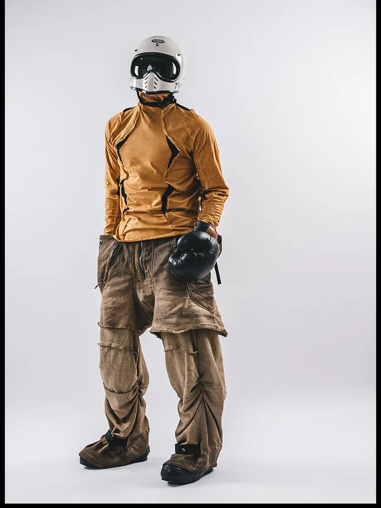 25SS New American Retro Dirty Old Wind Wasteland Wind Splicing Fault Loose Casual Men's Trousers