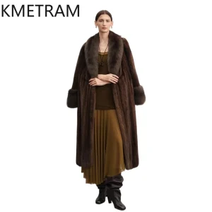 KMETRAM 100% Mink Fur Coats Woman High Quality Long Real Fur Coat Sable Collar Winter Outerwears Women Clothing шуба женская
