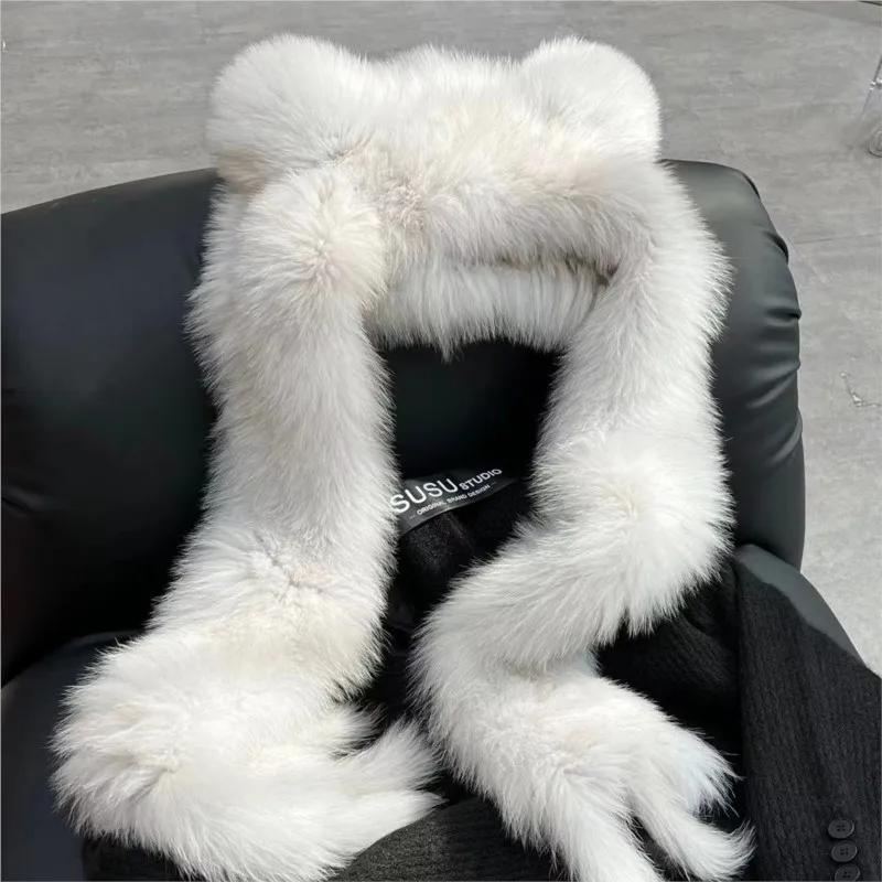 A fur scarf one-piece snow cap two-in-one hat for women an outdoor warm with hood - Image 4