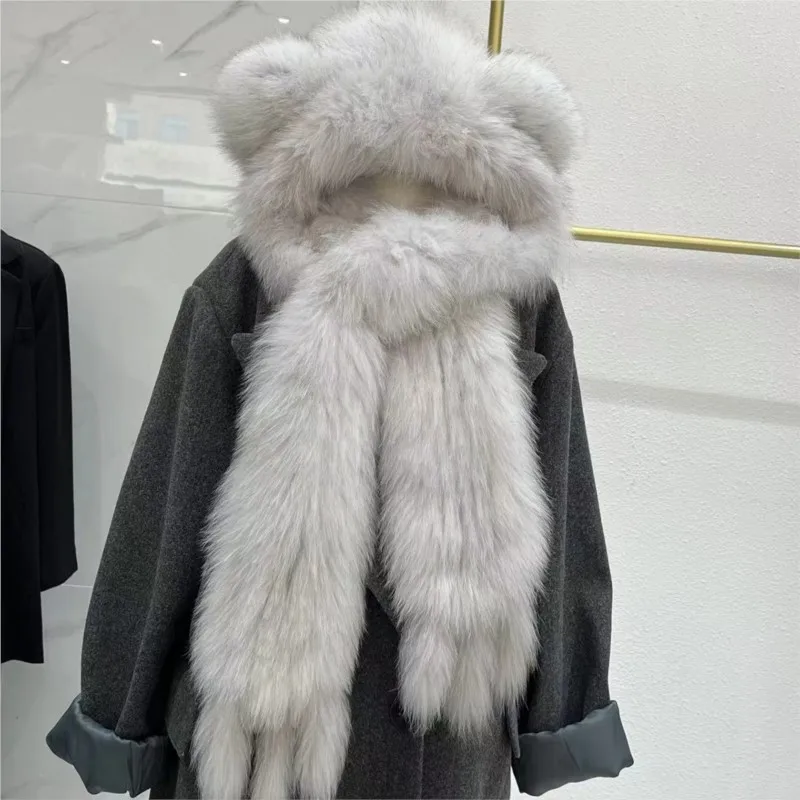 A fur scarf one-piece snow cap two-in-one hat for women an outdoor warm with hood - Image 3