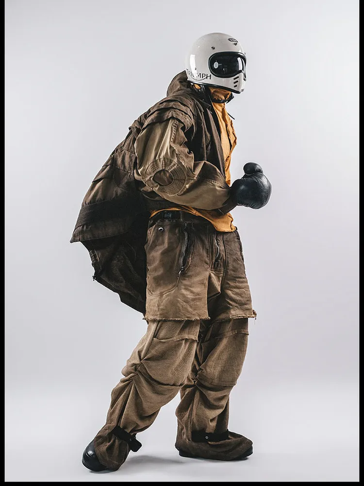 25SS New American Retro Dirty Old Wind Wasteland Wind Splicing Fault Loose Casual Men's Trousers - Image 4
