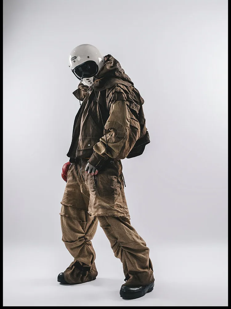 25SS New American Retro Dirty Old Wind Wasteland Wind Splicing Fault Loose Casual Men's Trousers - Image 3